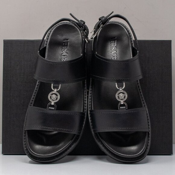 Versace Medusa Black Calf Leather Fisherman Cage Sandals, Men\'s 43 (10 US) main image 4